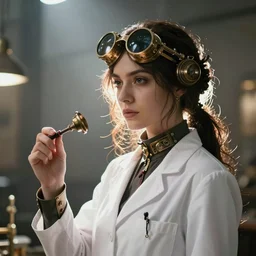 steampunk woman dark hair illuminated by bright light dr. steel