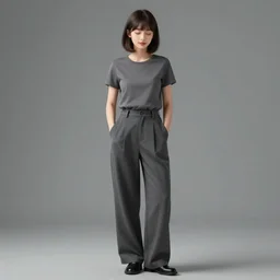 portrait of a girl in long pants and a top, hands in pockets, eyes closed, bob haircut, digital art, black and white, illustration by junji ito