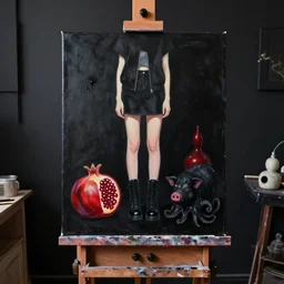 painting of a black painted canvas, on an easel in a dark artist's studio with black walls, tall emo artist girl in black boots, pomegranate, a black pig, red gourd, black octopus, oil on canvas