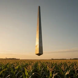 wide shot of a tall and thin greebled structure hovering in the air 6 feet above a cornfield, late afternoon, golden hour, dramatic lighting, cinematic, highly detailed, smooth, sharp focus, concept art by greg rutkowski and artgerm and syd mead