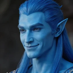 a face portrait of a blue humanoid male with, elegant, smiling, chiseled jaw, slightly smiling, triton race from d & d, elf ears, beautiful man, long blue hair in a ponytail, short hair on sides, style by donato giancola, wayne reynolds, jeff easley dramatic light, high detail, cinematic lighting, artstation,
