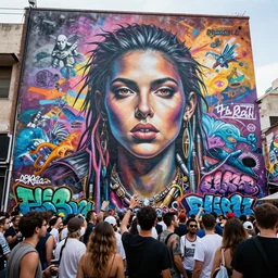 party in front of giant walls with amazing graffitis, hyper detailed, photorealistic, hd