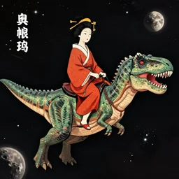 Grotesque renaissance geisha riding a T. rex in space