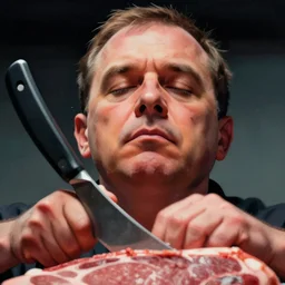 low angle of the butcher's face, closeup of a butcher working, artwork by craig mullins