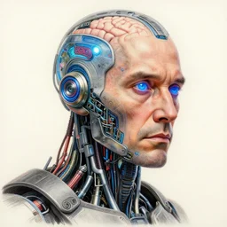 a beautiful portrait of a middle - aged bionic male cyborg, cyberpunk, intricate wiring, electronic components, augmented vision, augmented hearing, augmented brain, volumetric light, photography, color, intricate, extremely detailed, hyperrealistic, color pencil drawing, trending on artstation