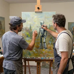 two painters who are a human and a robot making an oil painting together, award - winning photograph, shot with canon eoa 6 d mark ii