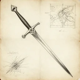 technical drawing of a rapier, weapon design, flower adorned, delicate, detailed map, notes, scribbles, old paper