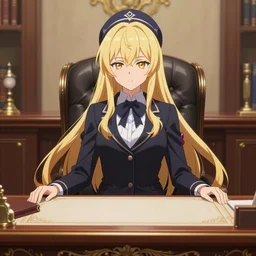 blonde anime woman with long hair, wearing headmistress uniform, sophisticated young woman, ultraterrestrial woman, sitting in dean's office, ornate designs on desk, sharp details, subsurface scattering, intricate details, art by artgerm, greg rutkowski, hd wallpaper, 2 0 1 9 anime screenshot