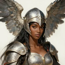 a full portrait of a black female valkyrie, winged helmet, intricate, elegant, highly detailed, digital painting, japanese, artstation, in the style of krenz cushart, artem demura