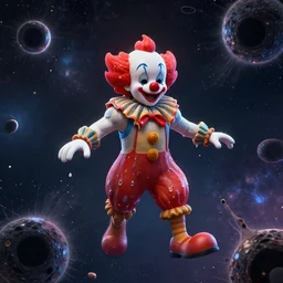 a melting clown floating in the vacuum of space being pulled apart by blackholes, hyper detailed, masterpiece, artstation, advanced lighting technology, stylized yet realistic surrealism, 4 k wallpaper