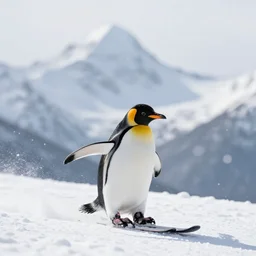 penguin skiing on snow, snowy mountain background, snowing