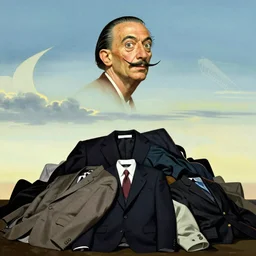 “in the style of Salvador Dali: a pile of suits that reaches up to the sky”