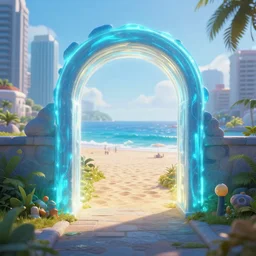 a magical glowing portal in the middle of a city that leads to a beach, through the portal you can see a beach, realistic