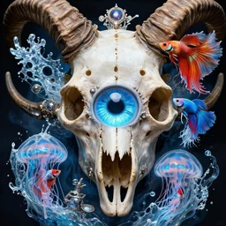eye of god macro close - up portrait with mask made of ram skull. betta fish, jellyfish phoenix, plasma, ice, water, wind, creature, super intricate ornaments artwork by tooth wu and wlop and beeple and greg rutkowski