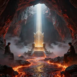 a epic concept art by barlowe wayne, ruan jia and greg rutkowski. fantasy cave palace of bad omens!! underground magma river. fier in fog!! dante's divine comedy, light effect. a beam of light fell on the stone throne!! 3 d, ultra clear detailed. octane render. 8 k. dark red, light grey blue and golden colour scheme.
