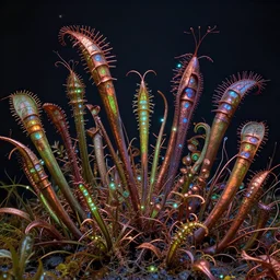 carnivorous plants bioluminescence, by fiona staples and dustin nguyen, peter elson, alan bean, wangechi mutu, metallic colors, oxidized copper, led light, highly detailed and intricate, psychedelic, sharp focus,
