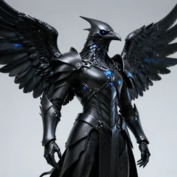 black metal and carbon fiber crow inspired armor, majestic wings, head helmet like a crow head, vibranium, trending on artstation, hyper detailed, ultra realistic, dramatic light, gothic ambience, blue lights reflection, 4 k,