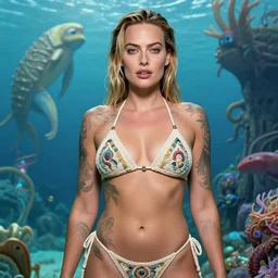 margot robbie portrait posing in a magical crochet bikini in front of atlantis, tattooed body, wet boody, highly detailed realistic face, highly detailed eyes, fantasy art, in the style of greg rutkowski, illustration, epic, fantasy, intricate, hyper detailed, artstation, concept art, smooth, sharp focus, ray tracing, vibrant