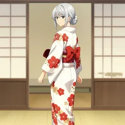 beautiful girl, silver hair, white kimono with complex red flower patterns, full body, looking to camera, showing her back, ilustration by Takehiko Inoue ((and Krenz Cushart))