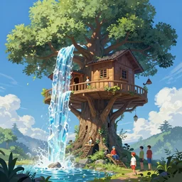 A beautiful digital painting of an enormous treehouse, crystal waterfall by Stanley Artgerm Lau,  Greg Rutkowski, Rossdraws, James Jean, gerald brom, Andrei Riabovitchev, Marc Simonetti, and Sakimichan, trending on artstation