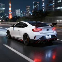 white aftermarket hyundai veloster n racing down tokyo highway at night, raytraced reflections, unreal engine, realistic, 4 k