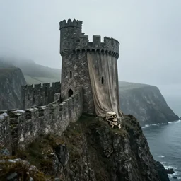 a film still of a stone medieval castle tower on a cliff side with massive cloth draped from the castle tower, highly detailed fog, rain, moody, low key, surrounded by cliffs, hills and ocean, wide shot, trending on artstation, beautiful, bones, meat, highly detailed