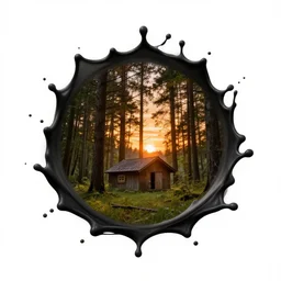 sunset through forest clearing hut splash art graphic design color splash high contrasting art, fantasy, highly detailed, art by greg rutkowski