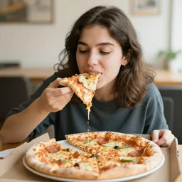 woman eating a pizza with bones