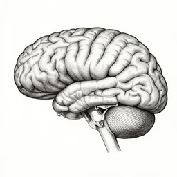 Medical drawing of the human brain, very detailed anatomical features.