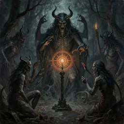 A painting of a summoning ritual by Anato Finnstark, creepy, demons, satanic