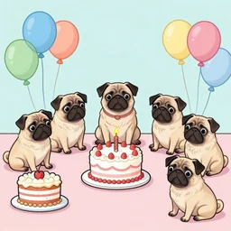 pugs party with balloons and cakes, joann sfar comic style