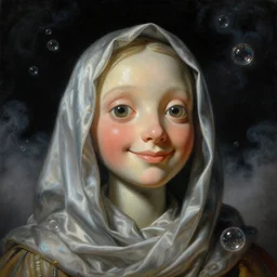 a baroque neoclassicist close - up portrait of a big - eyed sci - fi figure smiling cloaked in silk with glowing bubbles. iridescent and reflective. foggy black background with dark puffy cosmic clouds. highly detailed science fiction painting by norman rockwell, frank frazetta, syd mead and moebius. rich colors, high contrast, gloomy atmosphere, dark background. trending on artstation.