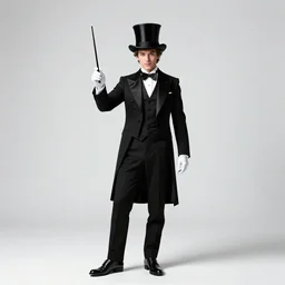 graceful magician with top hat and wand, photorealistic portrait photography, full body, standing, isolated on a pure white background, centered, whole figure in frame, sharp focus, studio lighting