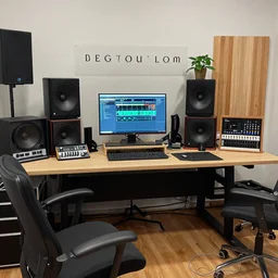 a color photograph of an electronic recording artist\'s basement studio with many things, tidy, well kept up and organized, trending on artstation, hyperrealism