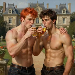 attractive muscular mike with ginger hair with muscular attractive tyler with brunet hair, drinking their hearts out, in their noble mansion. highly detailed painting by gaston bussiere, craig mullins, j. c. leyendecker 8 k