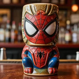 a closeup photorealistic capture of spider man style tiki mug on a trader vic's bar featuring the face of spider man. tiki theme. bright scene. fine detail. this 4 k hd image is trending on artstation, featured on behance, well - rendered, extra crisp, features intricate detail, epic composition and the style of unreal engine.