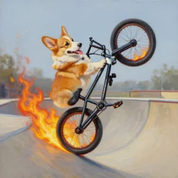 an expressive oil painting of a corgi with its tongue out on a BMX bike doing a backflip on a halfpipe, the wheels of the BMX bike are on fire, Dutch angle