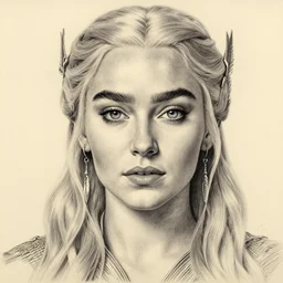 pencil drawing of beautiful daenerys targaryen as greek goddess aphrodite with arrowhead jewelry, beautiful piercing eyes, beautiful blonde hair, hyper realistic face, in the style of greg rutkowski, fantasy, amazing detail, epic, elegant, smooth, sharp focus, from the front