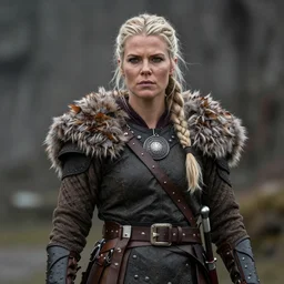 a rugged female viking in the style of tom bagshaw