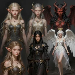 highly detailed paintings of character concept and art spot illustrations elves and fairies and demons and angels, hyper detailed, digital art, trending on artstation, cinematic lighting, studio quality, smooth, sharp details, in the style of nixeu and fenghua zhong.