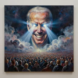 large abstract painting of giant grinning evil dynamic Joe Biden hidden amidst cosmic clouds at giant immense crowd of person army, trending on ArtStation, masterpiece, by Ciurlionis, octane, lightbeam eyes, oil on canvas, moody lighting, lights beaming out of eyes, cinematic, professional environment concept art