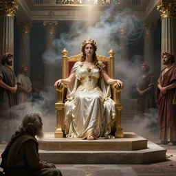 an extremely detailed, realistic painting of penelope : : a beautiful queen on a platform in a throne room : : ancient greece : : thick smoke : : a throne room filled with servants : : old beggar in the foreground : : in the style of john william waterhouse, frederick s. church, john collier, mysterious mood, cinematic
