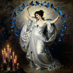 a renaissance oil painting by Alma Tadema of Demonic beautiful vampire woman mistress of death mourning widow performing an energetic vivid mad ecstatic dance and surrounded by a whirl swarm of blue butterflies embracing her, faint smile dark lipstick, hair bun, a bunch of massive dark lit candles, colourful pastel trending artstation, detailed portrait academic Bouguereau caravaggio high shadow contrast, sharp focus medium shot