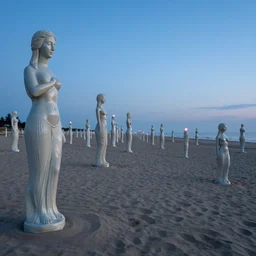 a long beach scattered with dozens of towering statues of ceramic women with pink light on the horizon by zdzislaw beksinski, highly detailed, 8 k, blue