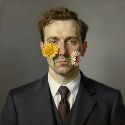 portrait of man in a suit with flowers hiding his face by rene magritte, detailed painting, hd, hq, high resolution, high detail, 4 k, 8 k