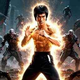 bruce lee as kenshiro in live action fist of northstar movie, a bright glow surrounds his body, particle effects, hyperreal, post apocalyptic, mutants, martial arts, cinematic