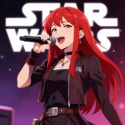 a anime girl with red hair singing her heart out as a popstar in star wars