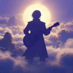 A silhouette figure of a man with a guitar obscured by clouds that look like mountains high in the sky, the clouds are a deep blue purple color with the sun blazing behind the clouds, deep focus, D&D, fantasy, intricate, elegant, highly detailed, digital painting, artstation, concept art, matte, sharp focus, illustration, hearthstone, art by Artgerm and Greg Rutkowski and Alphonse Mucha