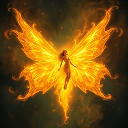 beautiful painting of a being of radiant light yellow light fairy, burning light butterfly, encircled by fire by john martin, trending on artstationhd - w 5 7 6
