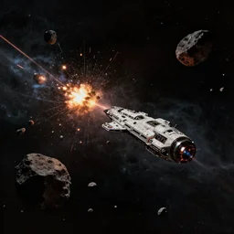 Wide shot of a spaceship battle, explosions and lasers. Asteroid belt. Scenic view, in the void of space, underexposed, matte painting by Craig mullins and Emmanuel_Shiu and john berkey, cinematic, dark sci-fi, concept art trending on artstation, 4k, insane details, ultra realistic